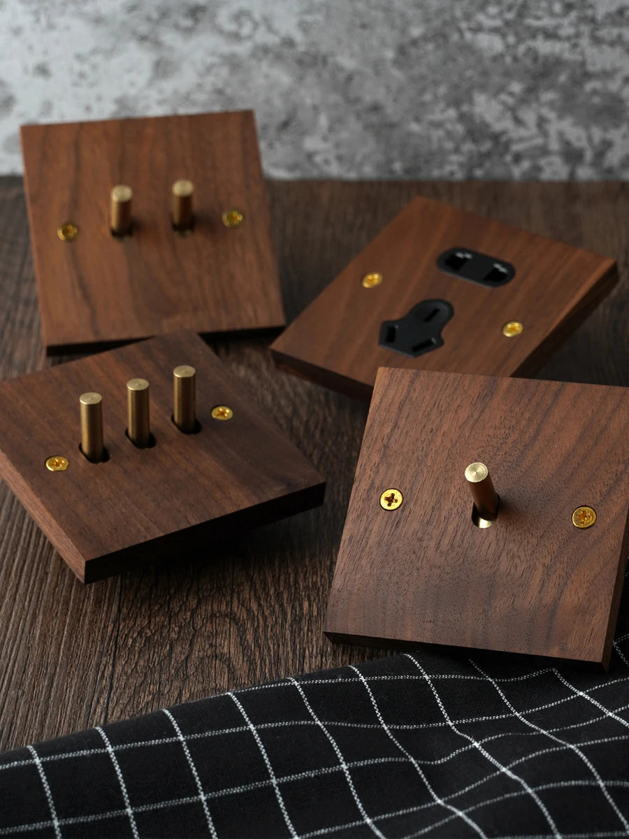Solid Wood Brass Toggle Light Switch two-gang English Socket, offers durable solid wood build, retro brass toggle, 13A power, and stylish upgrade shop now!