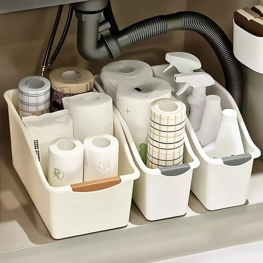 Under Sink Bottle Organization with Wheels Storage Bins offers a compact, pull-out solution for bottles and cleaners with a chemical-free design - shop now.