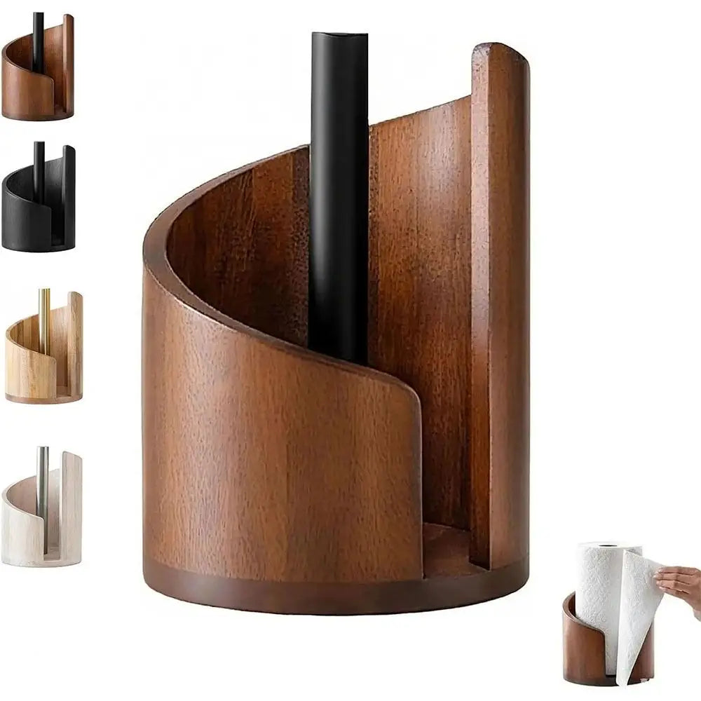 Discover the Beige Wood Paper Towel Holder, crafted from premium mango wood for stability and large capacity, perfect for kitchens—upgrade your space today!
