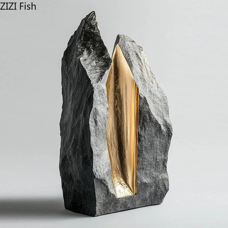 Golden plated Rock Sculpture Avantgarde Masterpiece offers a gold-plated abstract statue for desk decor, delivering very modern minimalist elegance—shop now.