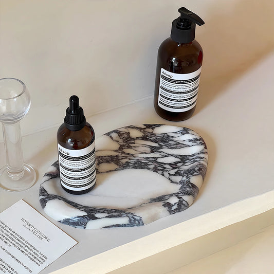 Marble Tray Jewelry Organizer elevates vanity storage with a stylish irregular stone design for jewelry, keepsakes, and daily items - upgrade it, shop now.
