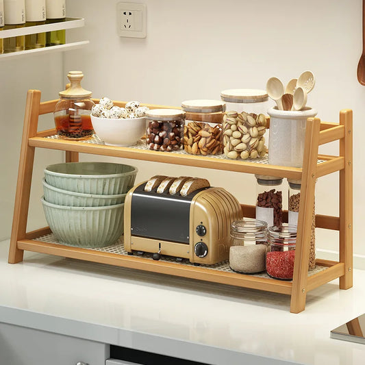 Organize your space with the Bamboo Double Layer Organizer Rack, perfect for cosmetics, toiletries, and kitchen spices in one stylish, eco-friendly design.