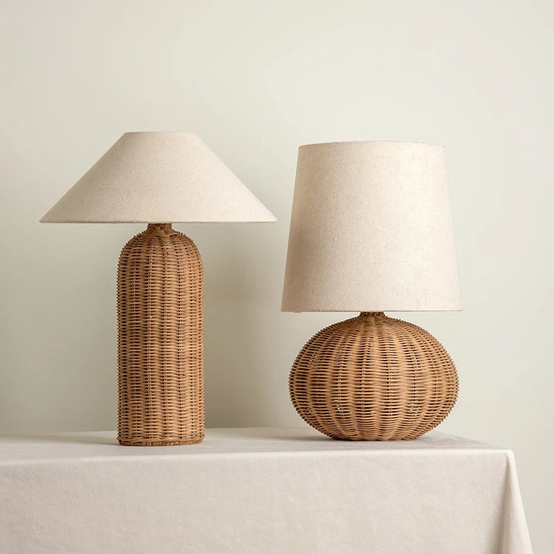 JapaneseRattan Lampshade DeskLamp delivers a soft warm LED glow with a fabric shade for living rooms, bedrooms, and desks, elevating decor—Shop online now!