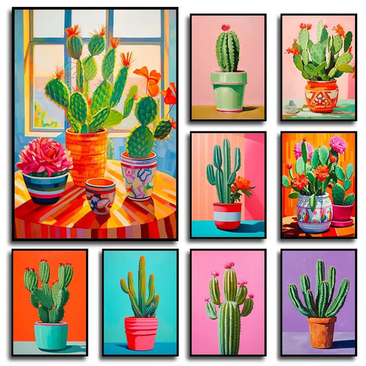 Enhance your space with this vibrant watercolor cactus flower vase canvas print, perfect for modern home decor in any room or office.