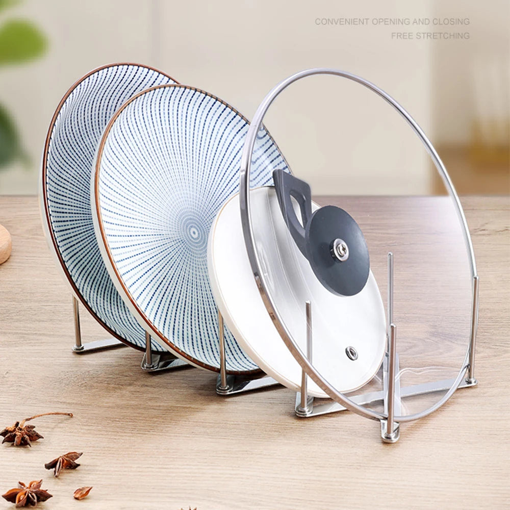 Discover versatility and durability with our Retractable Stainless Steel Pot Lid Rack. Organize dishes effortlessly with its adjustable design and stable support.