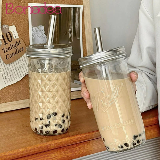650ml Transparent Boba Milk Tea Glass Cup, heatproof with straw lid, large capacity for hot or cold drinks, ideal for home, office, or parties, buy today.