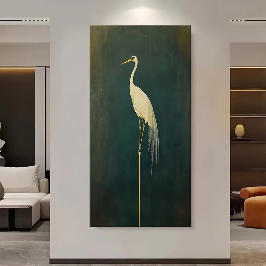 Egret On Green Wall Art Canvas