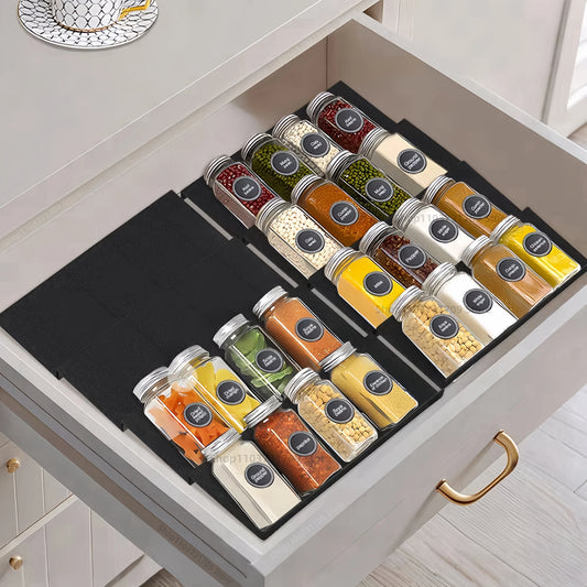 Adjustable Spice Drawer Organizer offers stepped racks holding 16 bottles, boosting drawer space and easy access and faster meals today—shop now.
