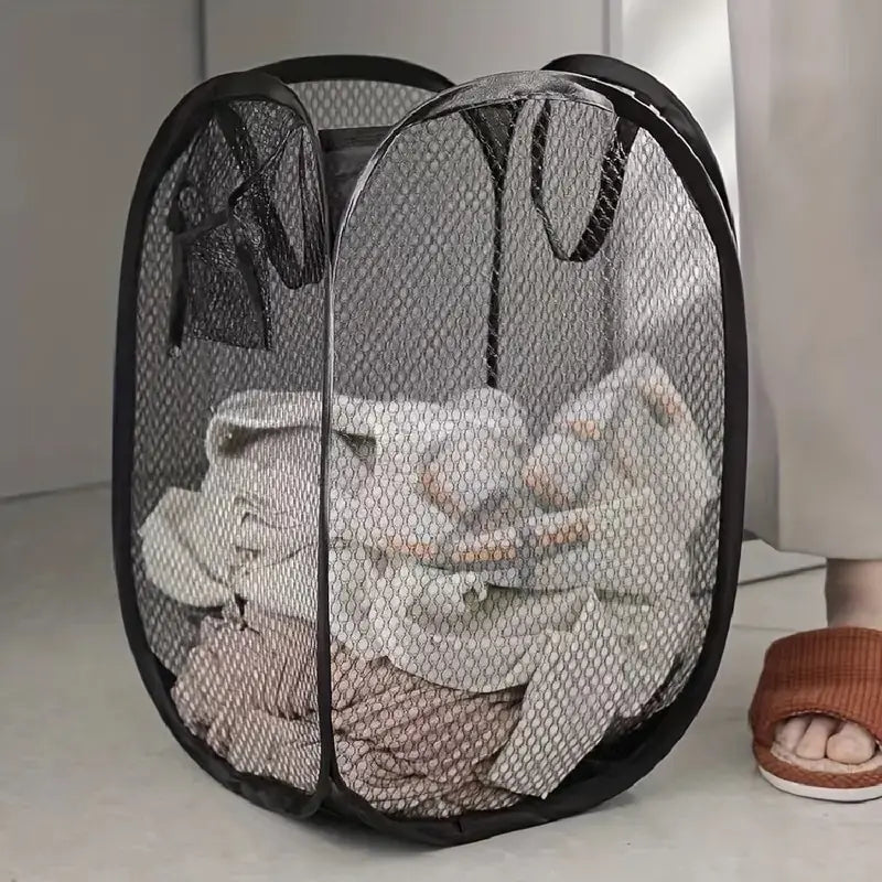 Large Foldable Mesh Laundry Basket delivers large, durable mesh storage for dirty clothes; foldable, pop-up design saves space, buy it now!
