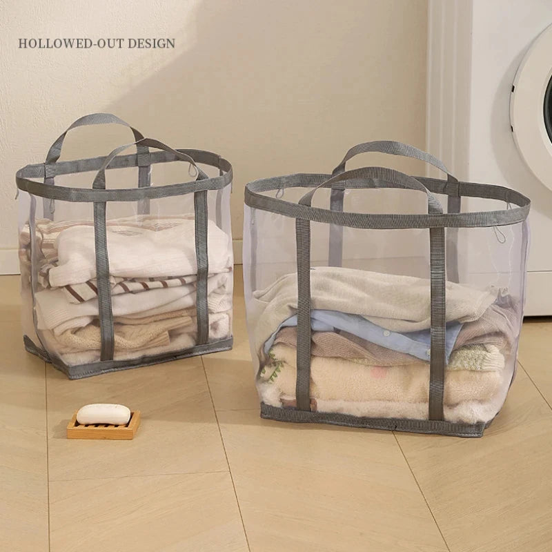 Discover the high-capacity Nylon Mesh Laundry Basket, offering portable, foldable storage for dirty clothes, socks, and underwear in dorms or homes—organize your space efficiently and order now!