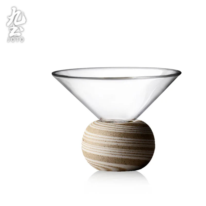 Handcrafted Glass Clear Teacup With Wooden Base