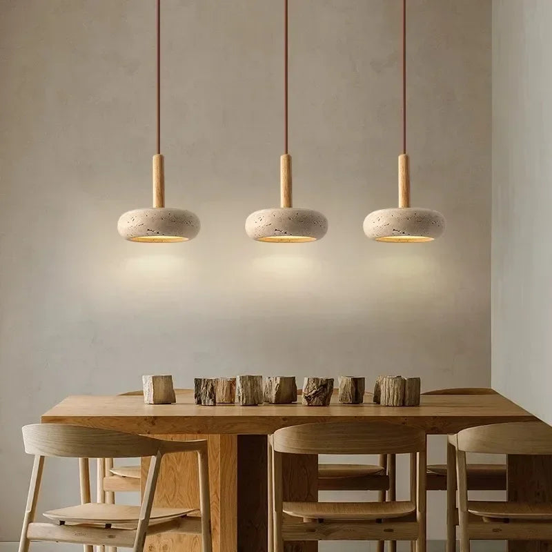 Enhance your space with the Small Bedside Pendant Light Travertine Bar Home Decoration Creative Stone Sabi Indoor Lamp Light for Living Room Bedroom.