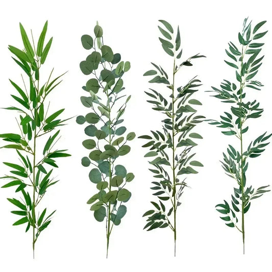 Enhance your space with lifelike artificial eucalyptus and bamboo leaves, perfect for home decor and wedding venues.