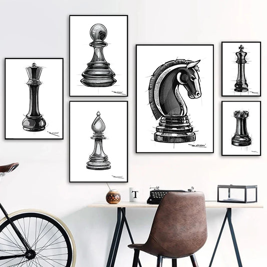 Elevate your living room with our Modern Chess Canvas Print, featuring iconic game pieces in a stylish sketch design for unique home decor.