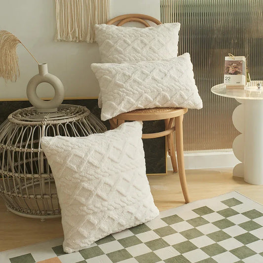 Geometric Jacquard Plush Pillow Cover delivers soft luxury for your couch or sofa with dual-sided design in neutral tones; refresh your space today and buy now.