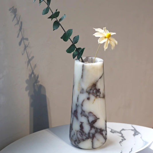 Discover the unique 1pcs D9x20cm Calacatta Viola Natural Marble Vase, a handmade flower planter perfect for elevating your home decoration with style.