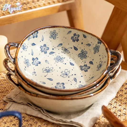Microwave Safe Ceramic Noodle Bowl with a very handy handle, eco-friendly floral design ideal for noodles, soups, and salads—grab yours today and Shop now!