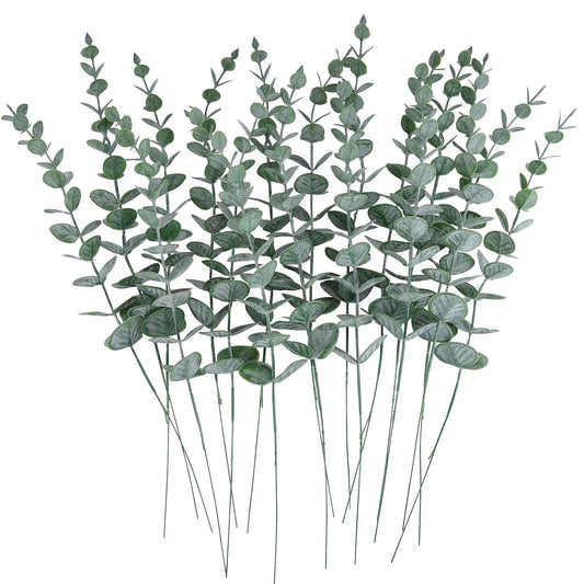 Set of 10 artificial 38cm eucalyptus leaf branches—realistic, versatile greenery for DIY bouquets, wreaths, centerpieces and wedding or home décor.
