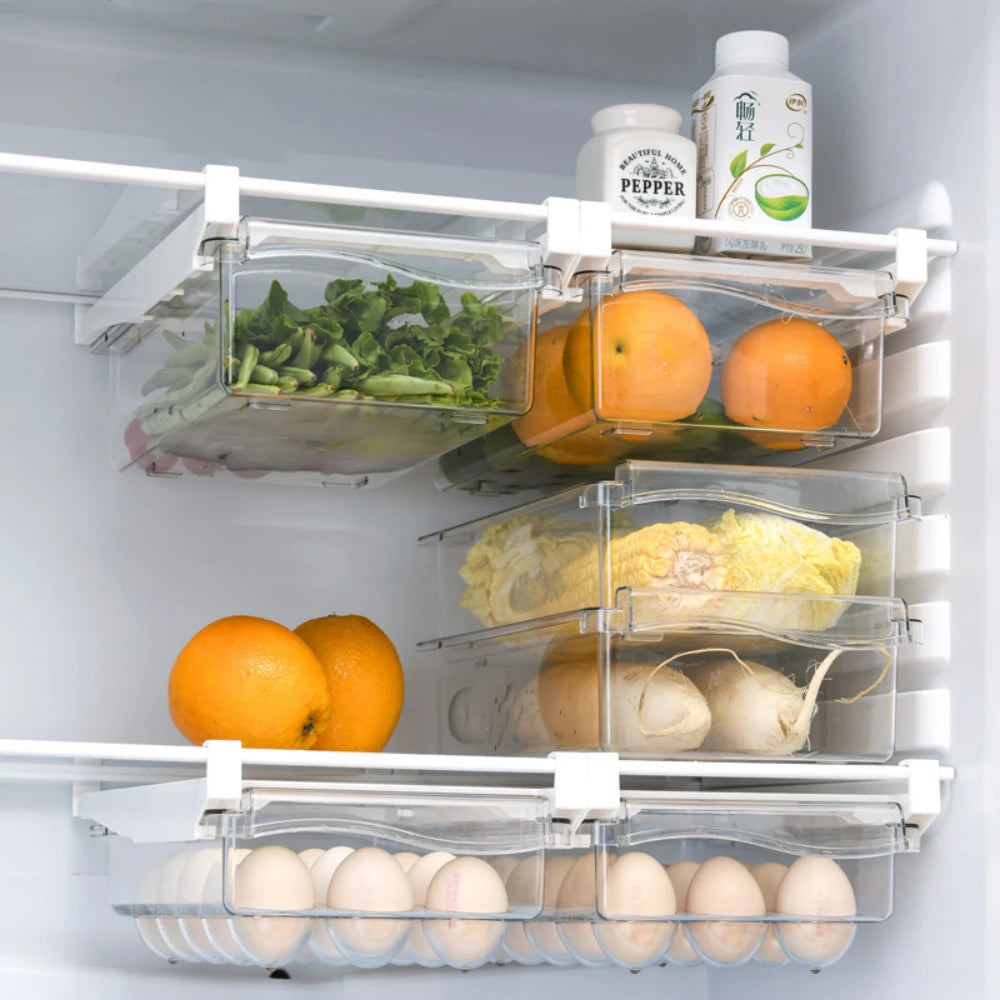 Fridge Drawer Organizer Transparent keeps eggs, fruits, and vegetables neatly stored, expands fridge space, and delivers easy access today, shop now!