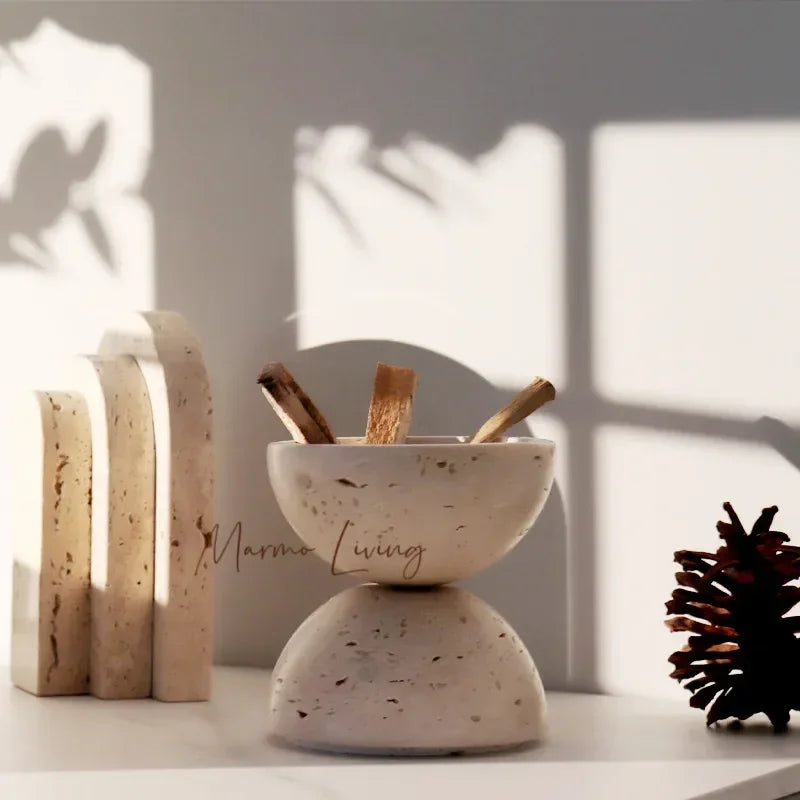 Beige Travertine Mubkhar Incense Burner, handcrafted natural marble sphere, for cones, Palo Santo, and coils—enhance meditation and aromatherapy; buy now.