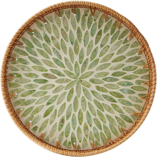 Round Rattan Tray with Pearl Inlay delivers stylish storage and displaying for coffee, bread, and fruit - elevate your table with timeless charm; Shop now.
