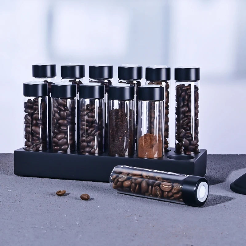 Airtight Premium Borosilicate Coffee Storage Solution keeps beans fresh with sealed glass tubes, clear visibility—optimal aroma-flavor retention, shop now.