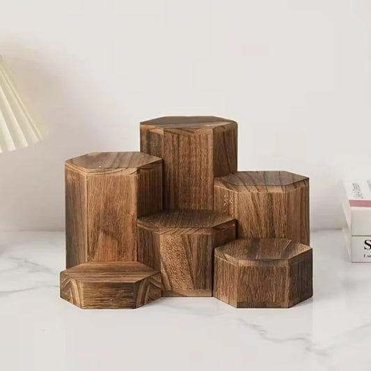 Hexagonal Jewelry Display Rack: a wooden 6-piece organizer that showcases accessories with brown cube storage and gift-ready style, Shop today.