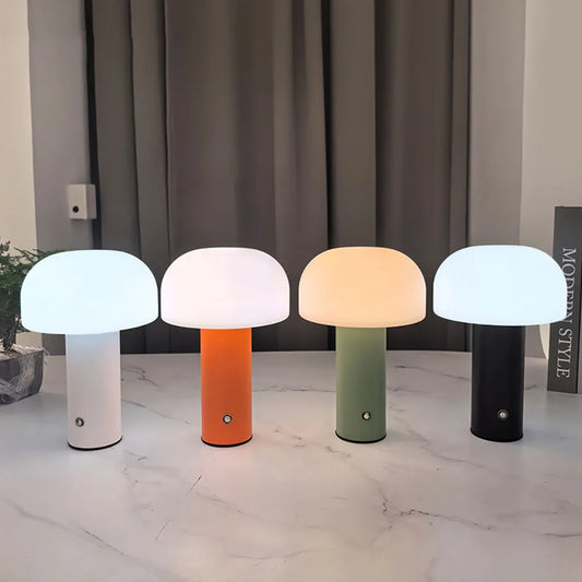 Mushroom LED Desk Lamp with USB charging and dimming delivers 5W brightness, 2700-6000K, touch control, long battery life, and versatile lighting—Shop now.