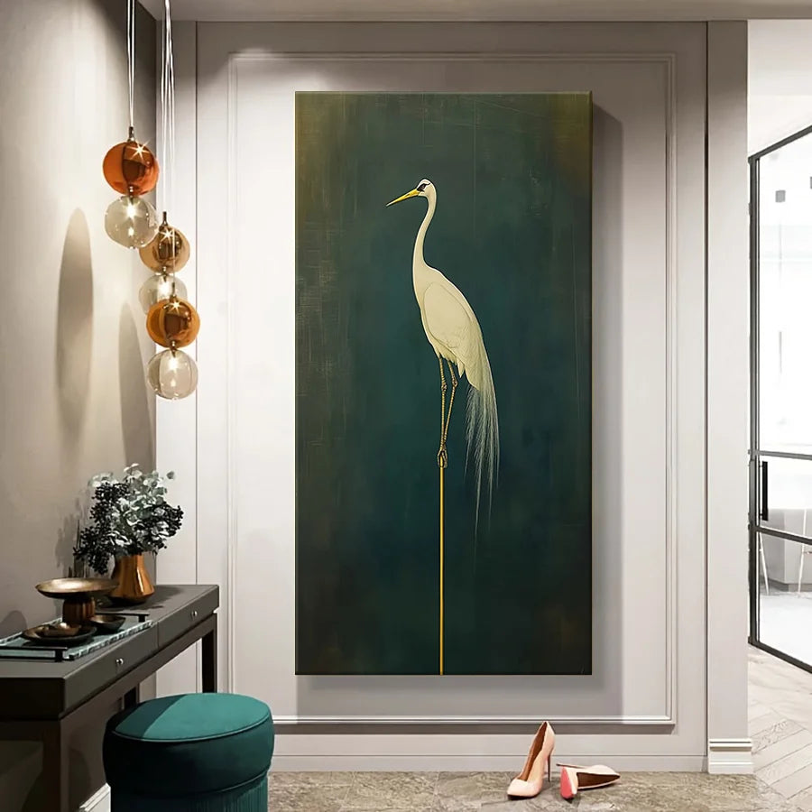Egret On Green Wall Art Canvas