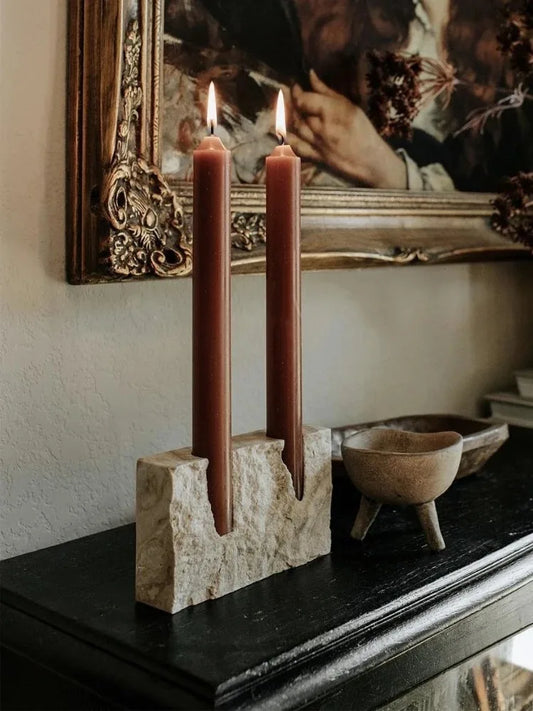 Marble Travertine Candlestick Holder showcases natural marble beauty with a hand-polished finish and a two-hole universal fit for weddings—Shop now today!!