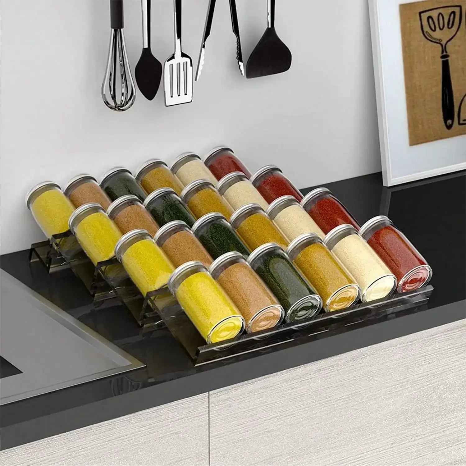 Acrylic Expandable Spice Drawer Organizer offers expandable 2/4-layer racks to tidy spice jars, save cabinet space, and boost kitchen efficiency; Shop now today!!