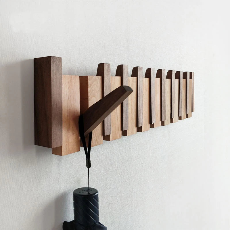 Walnut Wood Grain Finish Wall-Mounted Coat Rack with hidden folding hook saves space, organizes entryways, and adds stylish decor; upgrade your home, shop now.