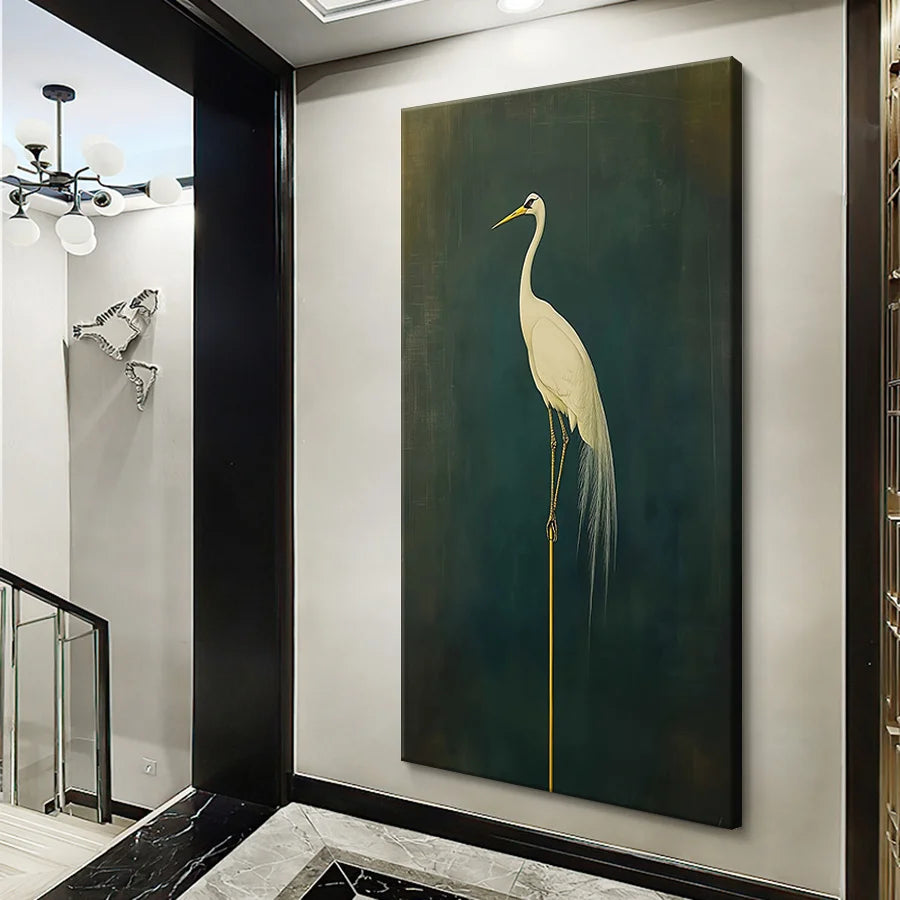 Egret On Green Wall Art Canvas