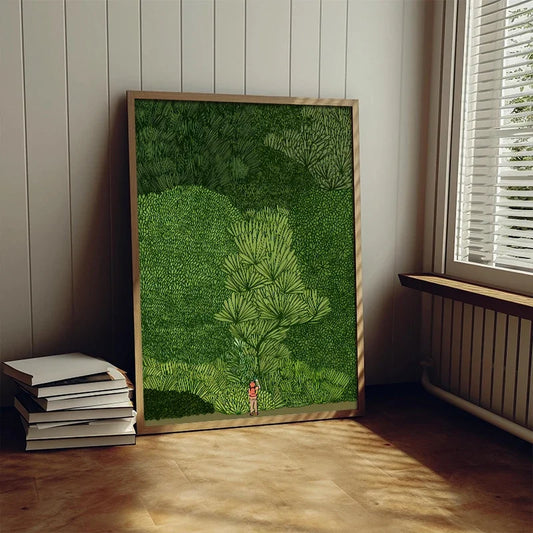Nordic green forest wall sticker poster—modern frameless jungle art for living rooms and studios; easy to apply, adds serene, stylish Korean-inspired décor.