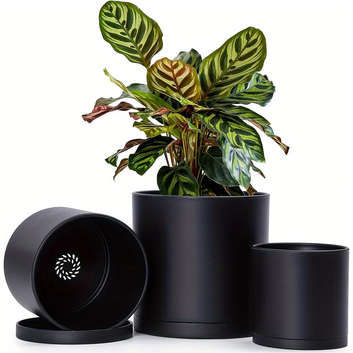 Plastic Planter Pots 3-pot set, in 6/5/4 inch sizes with drainage holes and seamless saucers; reinforced, durable for indoor or outdoor use today- shop now.