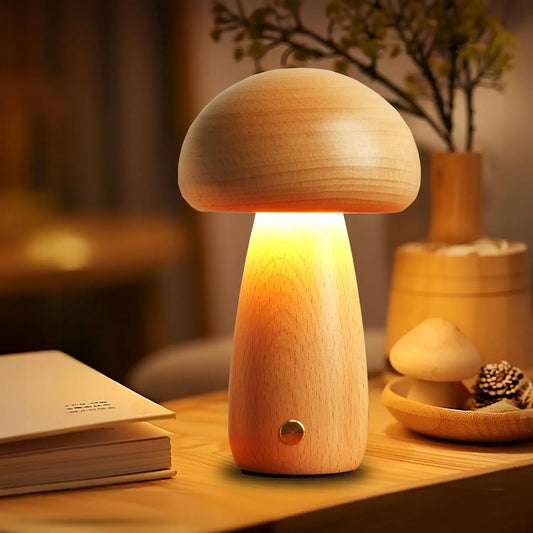 Wooden Mushroom Night Light delivers stepless dimming, rechargeable power, and warm walnut/beech hues with 3 brightness levels—brighten your space; shop now