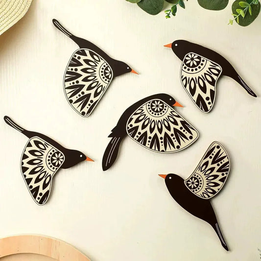 Gothic Wooden Bird Wall Decor: a 5-piece aged black wood ornament set that adds dramatic charm to living rooms, and kitchens; elevate your space; shop now.