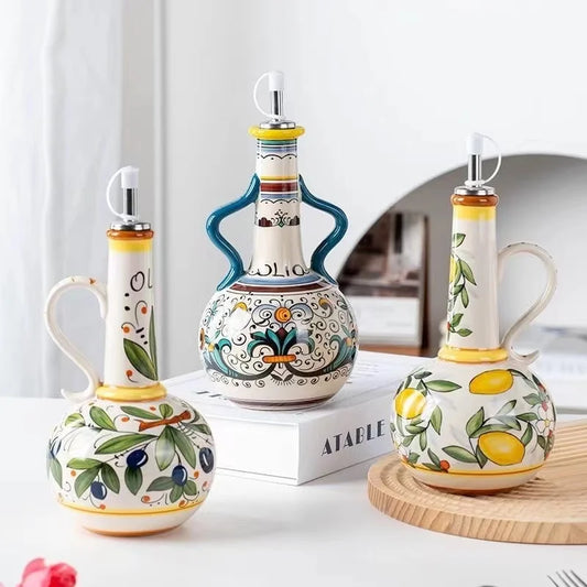 Hand Painted Ceramic Olive Oil Leakproof Bottle
