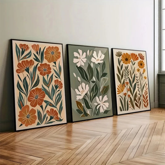 Bohemian abstract floral canvas prints for modern living rooms and bedrooms—spring wildflower wall art that adds vibrant, botanical charm to any home