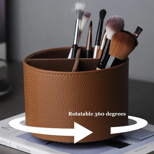 Organize your space with the Nordic Style Yike Rotating Leather Storage Box—perfect for makeup brushes or office supplies in stylish brown or orange.