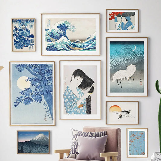 Vintage Hokusai Waves & Mount Fuji canvas print featuring Japanese women — spray-painted abstract wall art perfect for living room, bedroom, office, cafe or bar decor.