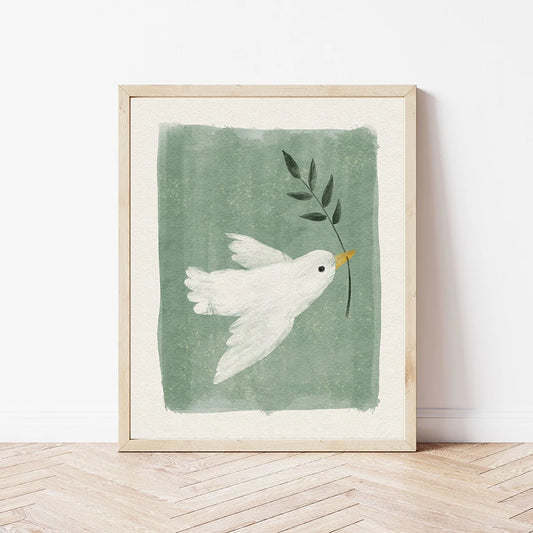 Nordic minimalist peace dove canvas with olive branch—charming nursery wall art print to brighten kids' rooms and elevate modern home décor.