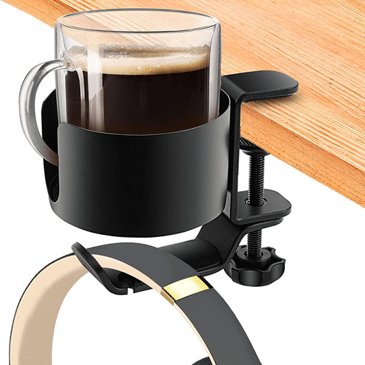 Discover our 2-in-1 Desk Cup Holder with Headphone Hanger for a clutter-free desk. Sturdy aluminum alloy design with anti-spill cup holder and 360-degree rotation headphone hanger. 