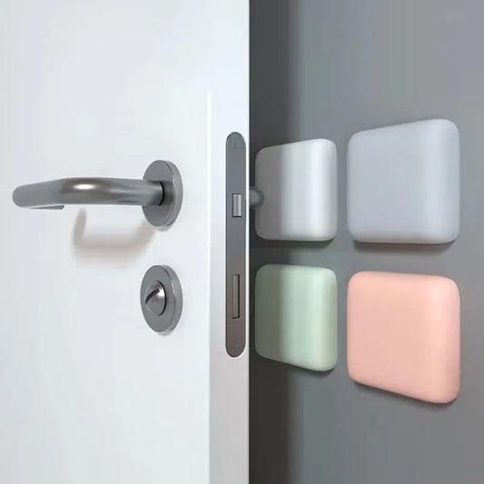 Door with colorful square door stoppers on a gray background