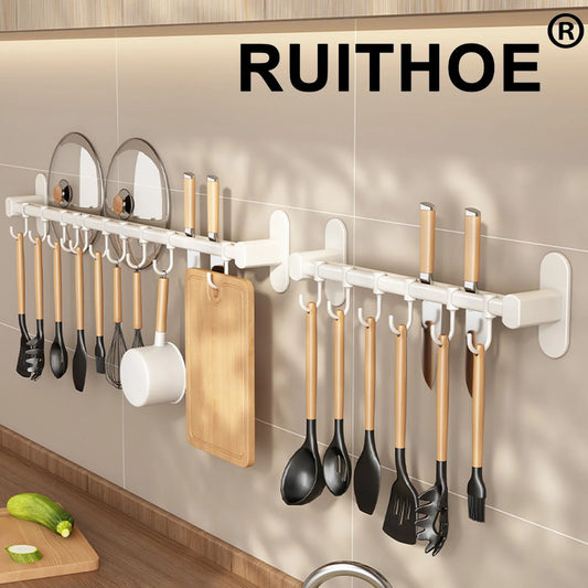 Organize your kitchen with our Wall Mounted Kitchen Hook Rack No-Punching Wall Hangers, perfect for utensils, spoons, and chopping board storage.