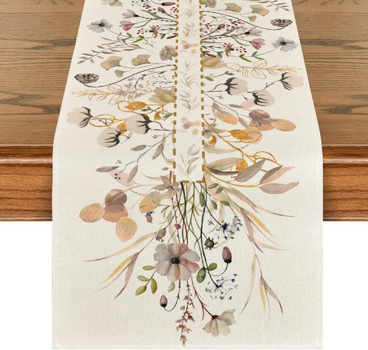 Enhance your space with the Spring Wildflower Leaves Floral Linen Table Runner, perfect for parties, weddings, and farmhouse kitchen decor.