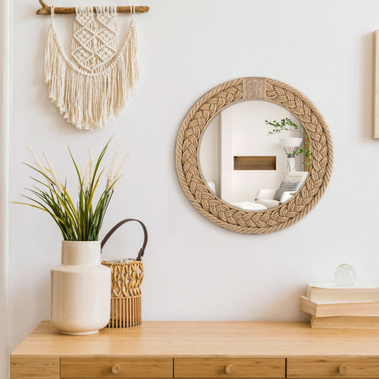 Enhance your space with our Hand-Woven Nordic Hanging Mirror, a stylish blend of glass and Lafite grass perfect for any decor.
