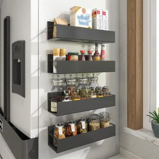 Organize your kitchen effortlessly with our Magnetic Fridge Shelf Spice Storage Rack, a stylish black iron solution that maximizes space and declutters your fridge.
