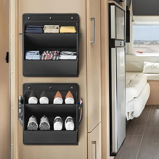 Foldable Shoe Storage Hanger with Adhesive Pockets offers a space-saving, wall-mounted organizer for RVs, keeping footwear tidy and accessible, shop now.