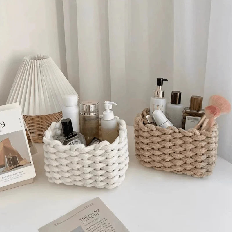 Makeup Organizer delivers cotton rope baskets to declutter spaces; ideal for bathroom, bedside, shelves—shop now!!!!!